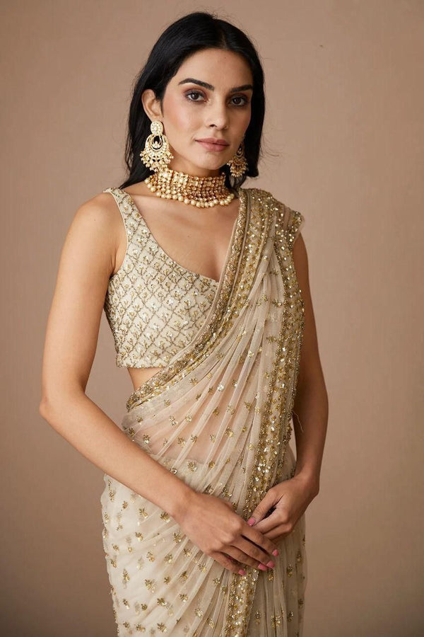 Golden Embellished Soft Net Saree